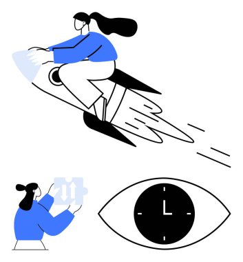 Roketin üstünde uçan bir kadın gelişimi simgeliyor. Takım çalışması için yapboz parçası ve zaman verimliliği için saat takıyor. Yenilik, takım çalışması, teslim tarihleri, odaklanma, proje yönetimi, hedefler için ideal