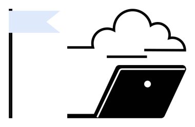 Bulutun altında dizüstü bilgisayar, başarıyı ya da hedef belirlemeyi simgeleyen bir bayrak. Teknoloji, bulut hesaplama, dijital strateji, uzak çalışma, çevrimiçi erişim, veri depolama, başarı kavramları için ideal