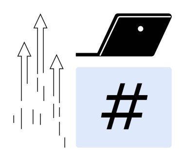 Dizüstü bilgisayar, yukarı doğru oklar, mavi karede üstveri etiketi. Dijital pazarlama, sosyal medya eğilimleri, çevrimiçi büyüme, teknoloji ilerlemesi, İnternet etkisi, iş genişlemesi soyut çizgi düz