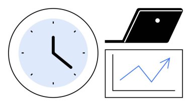 Diz üstü bilgisayar ve ekran, saatin yanındaki grafik zaman yönetimi, verimlilik ve verimliliği gösteriyor. İş için ideal, büyüme stratejileri, planlama, üretkenlik araçları, zaman izleme, başarı