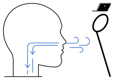 İnsan kafası bir kürsüde akıllı telefona doğru nefes alıyor. Mavi oklar nefes yolunu gösteriyor. Yenilik, teknoloji, iletişim, kullanıcı deneyimi, erişilebilirlik, gelecek teması için ideal