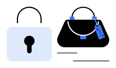 Üzerinde güvenlik önlemleri ve hırsızlık önleme etiketi olan bir el çantasının yanında asma kilit. Güvenlik, güvenlik, koruma, kişisel eşyalar, hırsızlıkla mücadele, mahremiyet, dayanıklılık için ideal. Soyut satır düzlüğü