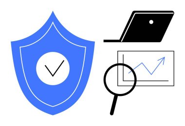 Korunmayı temsil eden büyük mavi kalkanı, teknolojiyi sembolize eden siyah dizüstü bilgisayarı, yukarı doğru eğilimli grafiği ve veri analizini gösteren cam büyüteçleri. Siber güvenlik ve veri için ideal