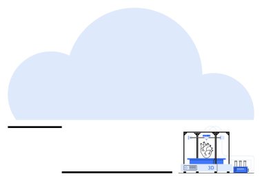 Büyük bulut 3D yazıcının üzerinde geziniyor. Gelişmiş teknolojiyi sembolize eden bir kalp modeli yaratıyor. Tıbbi ilerleme, yenilik, bulut teknolojisi, sağlık, imalat, takım çalışması ve soyut çalışmalar için ideal