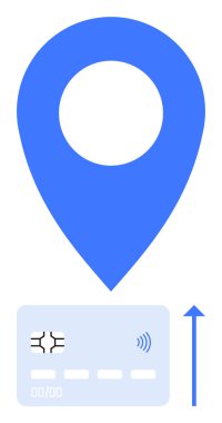 Mavi raptiye ve yukarı doğru oklu temassız ödeme kartı. Konseptler için idealdir online işlemler, navigasyon, fintech, alışveriş, e-ticaret, dijital ödemeler, finansal büyüme. Soyut çizgi