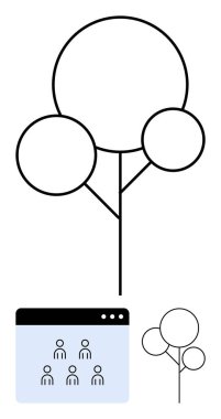 Ağ konferans arayüzü yanında dairesel düğümleri olan minimalist ağaç yapısı. Takım çalışması, uzaktan işbirliği, doğa, büyüme, yenilik, ağ oluşturma, soyut düz çizgi için ideal