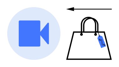 Okun yanındaki video kamera simgesi fiyat etiketli alışveriş çantasına doğru gidiyor. Çevrimiçi alışveriş, e-ticaret, dijital pazarlama, video içeriği entegrasyonu, tüketici davranışı, perakende stratejisi için ideal