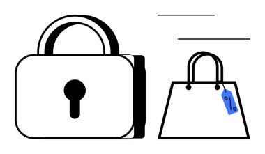 Asma kilit, fiyat etiketli bir alışveriş çantasının yanındaki güvenliği simgeliyor. E-ticaret, çevrimiçi alışveriş, siber güvenlik, veri koruması, perakende güvenliği, tüketici güveni, dijital işlemler için ideal