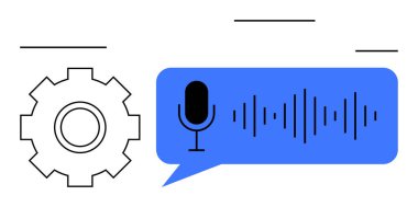 Konuşma balonunda dişli, mikrofon ve ses dalgaları. Teknoloji, yapay zeka, otomasyon, ses analizi, makine öğrenme dijital iletişim yeniliği için ideal. Soyut çizgi düz metafor