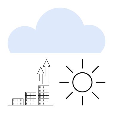 Güneş ve bulutun yanında yukarı doğru ok izleri olan bar çizelgesi. Başarı, büyüme, ilerleme, hava durumu, iyimserlik, sürdürülebilirlik, iklim kavramları için idealdir. Soyut çizgi düz metafor