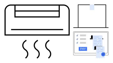 Klima, dijital arayüzle serin hava yayıyor ve ödeme düğmesi ile makbuz alıyor. Akıllı ev, loto, konfor, teknoloji entegrasyonu, dijital ödemeler, e-ticaret, enerji verimliliği için ideal
