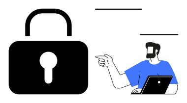 Dizüstü bilgisayar kullanırken bireyi işaret eden büyük bir asma kilit simgesi. Siber güvenlik, veri koruması, çevrimiçi güvenlik, erişim kontrolü, kişisel veri gizliliği, bilişim güvenliği konuları için idealdir. Düz