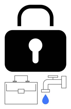 Anahtar delikli büyük asma kilit, çanta, mavi damlacıklı musluk. Güvenlik, kaynak yönetimi, enerji korunumu, veri gizliliği, iş güvenilirliği, kontrol sistemleri soyut çizgi için ideal