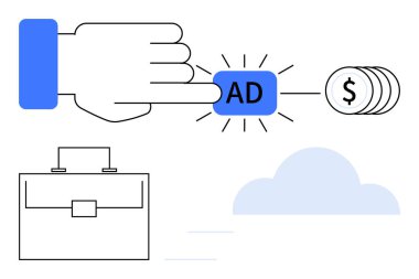 El tıklama düğmesi, madeni parayı simgeleyen madeni paralar, işe bağlanan evrak çantası, çevrimiçi bağlamda bulut. Pazarlama, iş büyümesi, dijital strateji, çevrimiçi kazançlar, e-ticaret için ideal
