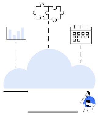 Grafiği, bulmaca parçalarını ve takvimi birleştiren bulut platformu. İş stratejileri, takım çalışması, bulut hesaplama, veri analizi, zamanlama, problem çözen soyut metafor