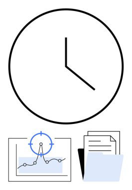 Sade elli saat, hedef noktalı analitik grafik ve klasörler. Zaman yönetimi, veri analizi, verimlilik, teslim tarihleri, iş planlaması, organizasyon soyut çizgisi için ideal