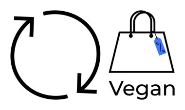 Vejetaryen etiketli alışveriş çantasının yanında geri dönüşümü temsil eden dairesel oklar. Sürdürülebilirlik, çevre dostu alışveriş, etik tüketim, vegan yaşam tarzı, geri dönüşüm, minimalizm ve sıfır atık için ideal