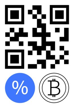QR kodu kripto para birimi Bitcoin logosu ve mavi yüzde işareti üzerinde. Teknoloji, finans, ödemeler, dijital işlemler, tasarruflar, yatırımlar, fütüristik kavramlar, soyut çizgi