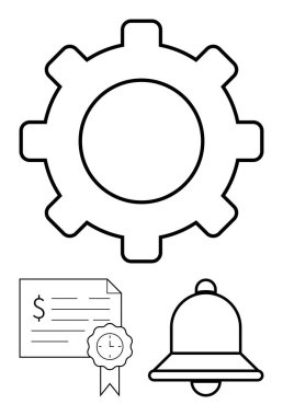 Vites çarkı, kurdeleli ödül sertifikası, siyah çizgili uyarı zili. Üretkenlik, başarı, verimlilik, tanınma, ayar işleri için idealdir. Basit soyut çizgi düz