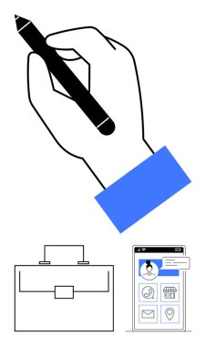 Verimliliği, organizasyonu ve yenilikleri ön plana çıkaran kalem, evrak çantası ve akıllı telefon. Şirket araçları, girişimcilik, planlama, yaratıcı iş stratejisi uygulaması tasarımı için ideal