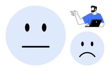 İki yüz ifadesi, nötr ve hüzünlü, dizüstü bilgisayarı işaret eden mavili bir insanla zıtlaşmışlar. Geri bildirim, öğretim, duygular, iş yeri, iletişim sunumları için ideal. Soyut