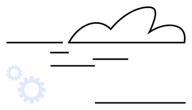 Bulut anahatları ve çizgiler hareket, bağlantı ve hızı, yenilik, süreç ve sistemleri sembolize eden dişlilerle göstermektedir. Teknoloji, verimlilik, bulut hesaplama ağ otomasyon verileri için ideal