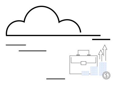 Çantanın üzerinde bulutlu bir şekil ve yukarı doğru oklu finansal semboller var. Teknoloji, finans, iş stratejisi, bulut hesaplama, veri depolama, ekonomik büyüme için idealdir. Satır metaforu