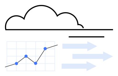 Veri grafiğinin üzerinde yukarı doğru eğilim ve yön okları olan bir bulut çizgisi. Bulut teknolojisi, veri analizi, süreç optimizasyonu, yenilik, büyüme, dijital trendler, soyut çizgi