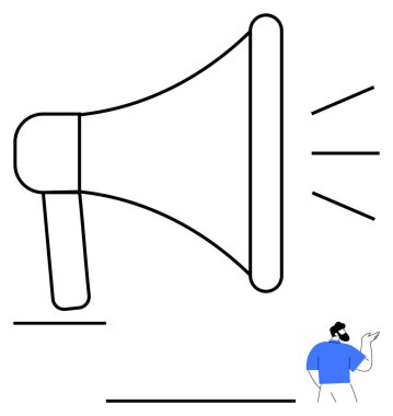 Ses dalgaları yayan büyük bir megafon mavi gömlekli, eli olan küçük bir adam. İletişim için ideal, duyurular, pazarlama, halka açık konuşma, promosyon, yayıncılık, soyut çizgi düz