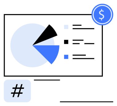 Mavi ve siyah bölümlü pasta grafiği, kontrol listesi, dolar simgesi, meta veri etiketi. Finans, pazarlama, veri analizi, istatistik, iş eğilimleri için ideal sosyal medya soyut çizgisi düz metaforu
