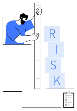 RİSK etiketli blokları ölçmek için cetvel kullanan bir adam. İş analizi, risk değerlendirmesi, karar verme, strateji planlaması, yönetim değerlendirmesi, eğitim, soyut