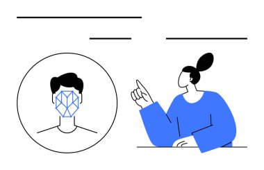 Bir kadın, insan yüzünde dijital yüz tanıma sistemi olan bir daireye doğru hareket ediyor. AI, teknoloji, güvenlik sistemleri, biyometrik, kimlik doğrulama, yenilik, soyut çizgi için ideal