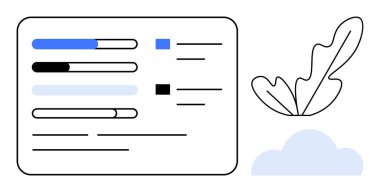 Görev yönetimi gösterge paneli ilerleme çubukları, onay kutuları ve metin satırlarıyla gösterilir. Mavi ve siyah renkler farklı görev durumlarını temsil ediyor. Botanik yaprak ve bulut ikonu doğal bir dokunuş ekler. İdeal