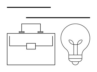 Çanta ve ampul temiz çizgi sanat tarzında, profesyonelliği, yeniliği ve yaratıcılığı sembolize ediyor. İş stratejisi, kariyer büyümesi, karar verme, liderlik, takım çalışması başarısı için ideal