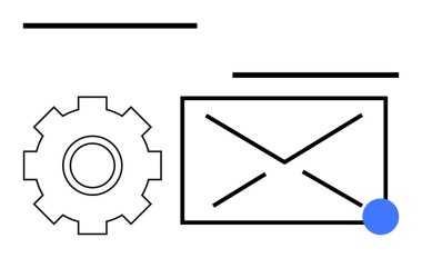 E- posta tercihleri ve güncellemeleri temsil eden bildirim noktası olan bir zarf simgesinin yanında vites sembolü. Teknoloji, bildirimler, iletişim, otomasyon, e- posta, ayarlar, soyut satır düzlüğü için ideal
