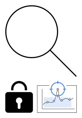 Soruşturma için büyüteç, güvenlik için kilit ve veri görselleştirmesi için odak noktası ile grafik. Siber güvenlik, araştırma, gizlilik, analitik, denetim, odaklanma ve soyut çizgi için ideal