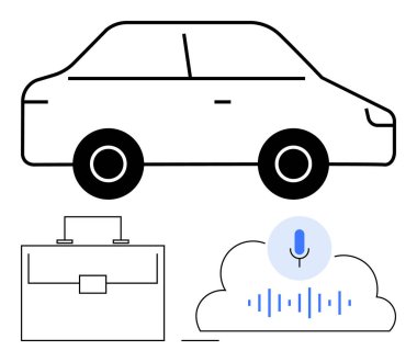 Çantalı araba ikonu, bulut, mikrofon sembolü ve ses dalgası. Çalışmak için ideal hareket kabiliyeti, bulut teknolojisi, ses tanıma, akıllı sistem otomasyonu soyut çizgi düz metaforu