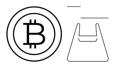Bir alışveriş çantasına bitişik bir Bitcoin madeni para içeren siyah ve beyaz tasarım. Dijital para birimi, çevrimiçi perakende, e-ticaret, fintech, siber işlemler için ideal