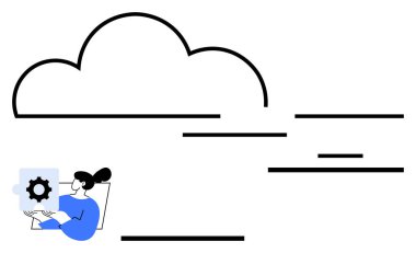 Kadın tabletle otururken vites simgesini tutuyor, bu da bulut ayarları yönetimini gösteriyor. Bulut hesaplama, teknoloji araçları, veri depolama, web hizmetleri, yenilik, sistem yapılandırması için ideal