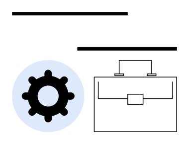 Çalışmayı, verimliliği, büyümeyi ve organizasyonu temsil eden vites ve evrak çantası. İşletme, kariyer planlaması, girişimcilik, işbirliği, otomasyon operasyonları için ideal düz çizgi metaforu