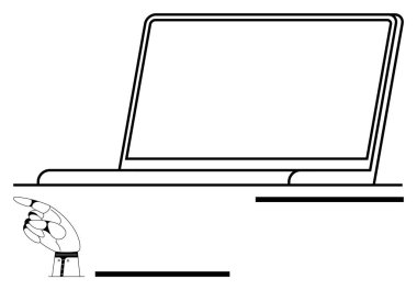 Açık bir dizüstü bilgisayarı işaret eden robot el yeniliği, yapay zekayı, insan-makine etkileşimini ve dijital ilerlemeyi sembolize ediyor. Teknoloji, otomasyon, yapay zeka, robot dijital araçlar için ideal soyut yenilik