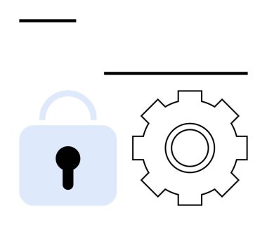 Asma kilit ve teçhizat güvenlik ve sistem operasyonlarını sembolize ediyor. Siber güvenlik, veri koruması, bilişim altyapısı, yazılım tasarımı, güvenli yönetim, teknoloji iş akışları, soyut düz çizgi