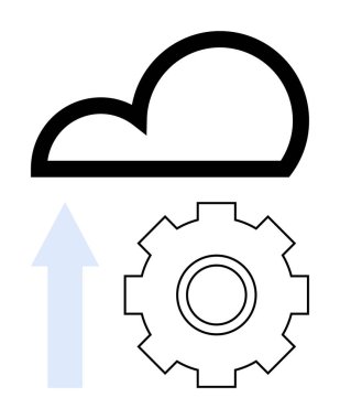 Veri yüklemesini, teknoloji optimizasyonunu ve sistem otomasyonunu gösteren dişli ve yukarı doğru ok şeklinde bir bulut. Bulut hizmetleri, yenilik, bilişim çözümleri, dijital stratejiler, otomasyon için ideal