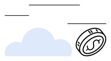 Dolar işaretli sikke bulutlarla gökyüzünde süzülüyor. Finans, yatırım, bankacılık, ekonomik büyüme, refah, iş geliştirme ve mali özgürlük için idealdir. Satır metaforu