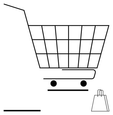 Büyük tel alışveriş arabası ve perakende satış, e-ticaret ve tüketici davranışlarını temsil eden küçük kağıt torba. Çevrimiçi alışveriş, perakende konseptleri, minimalizm, kolaylık, ticaret, soyut ekonomi için ideal