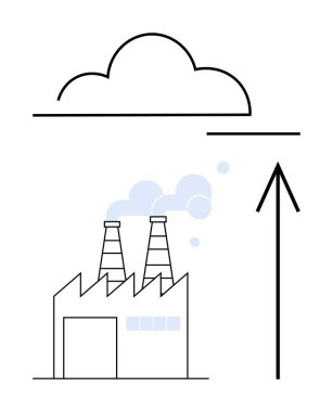 Tütsülenmiş bacaları olan fabrika yukarı doğru yükselen bir okla buluta doğru yükselen mavi bir duman yayıyor. Çevresel farkındalık, kirlilik, iklim değişikliği, endüstriyel etki, hava kalitesi, çevre dostu