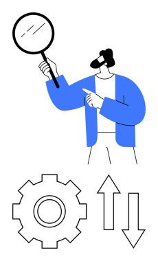 Analizi gösteren büyüteç tutan adam. Vites üretkenliği simgeler, oklar da eğilimleri. İş, analitik, büyüme, araştırma, karar verme verimliliği için ideal