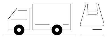 Minibüs ve market çantasının siyah beyaz çizgisi. Lojistik ve dağıtım, perakende ve alışveriş, sürdürülebilirlik ve çevre dostu kavramlar, ulaşım hizmetleri, ambalaj