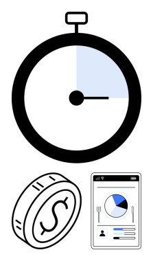 Vurgulanmış bölümü, dolar parası ve veri analizlerini gösteren mobil uygulaması olan bir kronometre. Üretkenlik, finans, bütçe, analitik, zaman izleme, ekonomi soyut çizgisi düz metafor için ideal