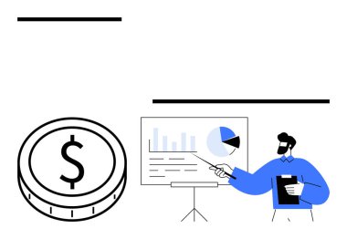 Ekranda pano noktaları tutan adam grafikler ve büyük paraların yanında turta grafiği gösteriyor. İş stratejisi, mali planlama, ekonomi, yatırımlar, veri analizi, pazarlama için ideal